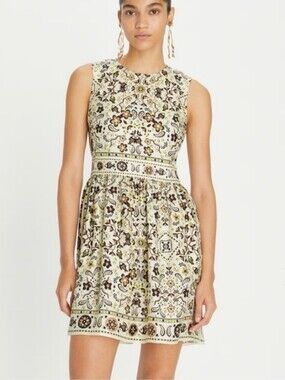 Tory Burch Sleeveless Floral Medallion Mini Dress in Ivory, Brown, and Yellow